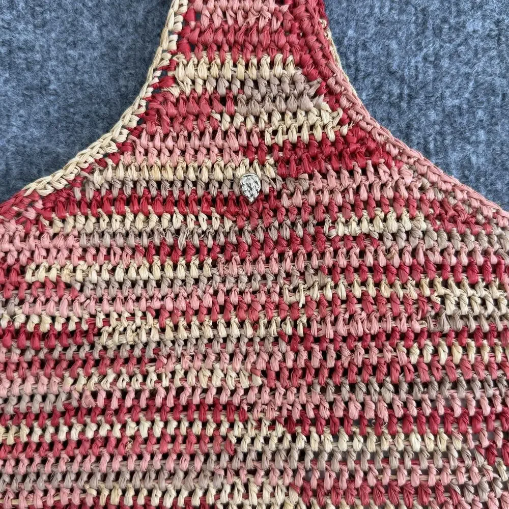 Helen Kaminski Raffia Shoulder Tote Bag Red Striped Crochet Market Minimalist